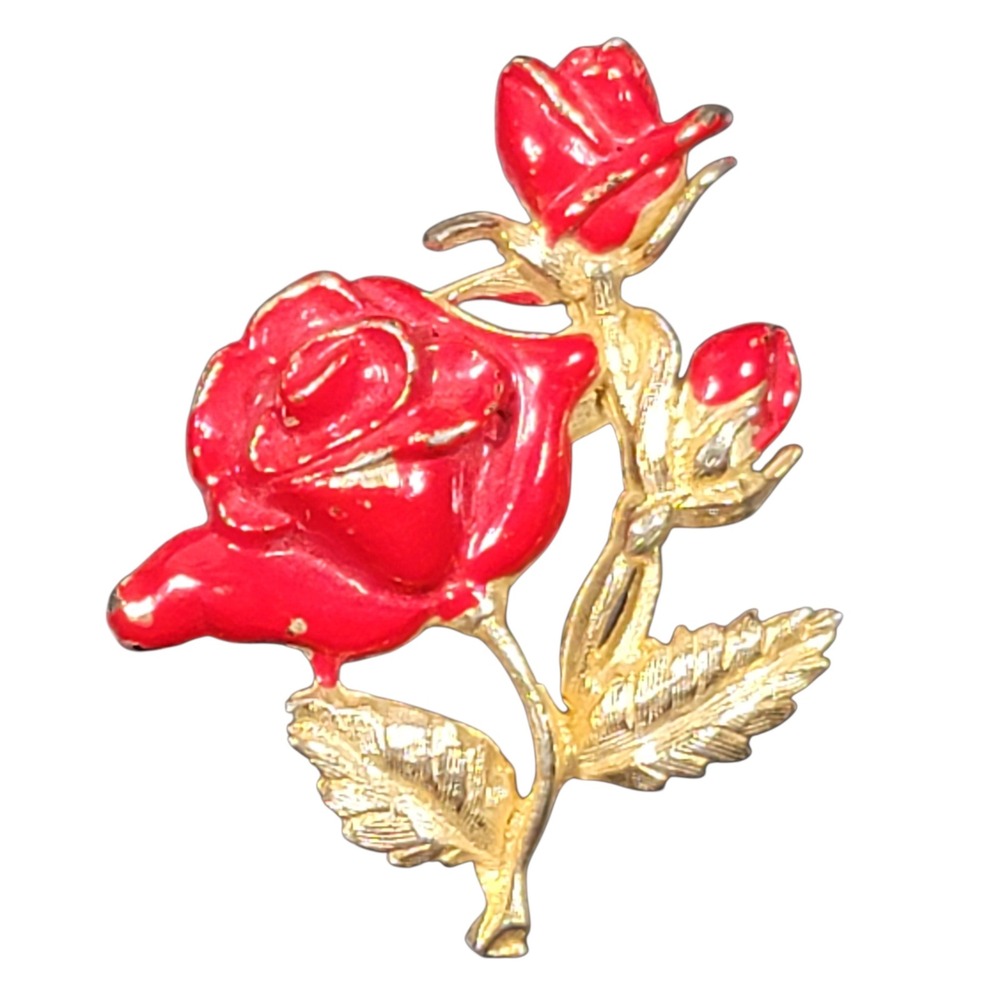 VTG 60s‎ General Mfg Red Enamel Rose Brooch Pin Gold Tone MCM Flower Costume